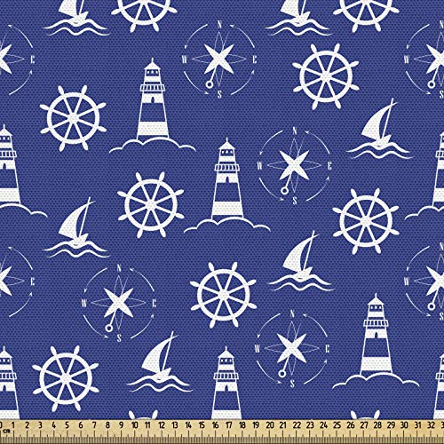 ABAKUHAUS Leuchtturm Gewebe als Meterware, Maritime Silhouetten, Schön Gewebten Stoff für Polster und Wohnaccessoires, 1M (148x100cm), Violettblau Weiß