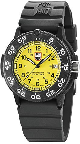 LUMINOX Navy Seal Diver Watch for Men (XS.3005.F / 3000 Series) Swiss Made, Black Band Polycarbonate Case and Yellow Dial + 200 Metres Waterproof