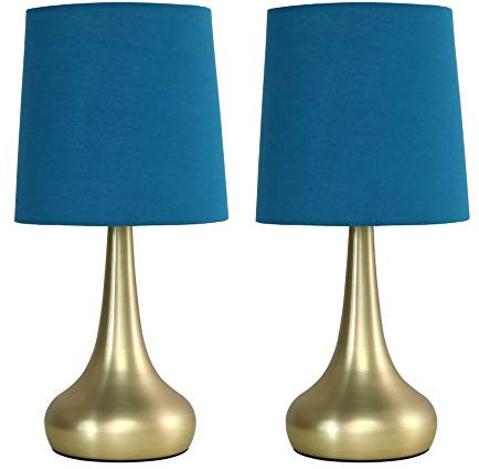 MiniSun | Modern Chrome Teardrop Touch Bed Side Table Lamps with Blue Fabric Shades | Table Lamps, Home Décor & Improvement Essential | Set of 2