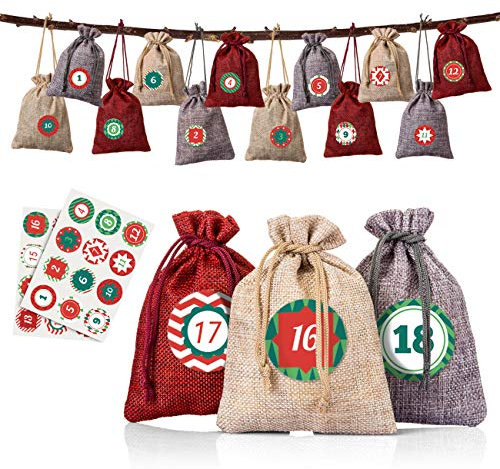 Naler 24 x Jutesäckchen Adventskalender Stoffbeutel mit Zahlen Aufkleber Jute Beutel Natur Säckchen Geschenksäckchen für Weihnachten - Rot/Natur/Grau