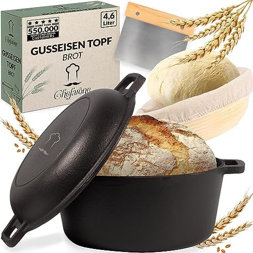 Chefarone Cast Iron Pot 2-in-1, Dough Scraper, Bread Baking Mould Lid, 4.6 Litres Roasting Dish for Oven, Safe Pot for Home