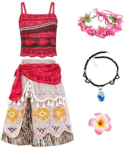 New front Mädchen Moanna Prinzessinnenkleid Vaiana Verkleidung Halloween Fasching Weihnachten Kostüm für Kinder Zubehör Halskette Blumenreife Haarspange Oberteil+Rock,Rot,140