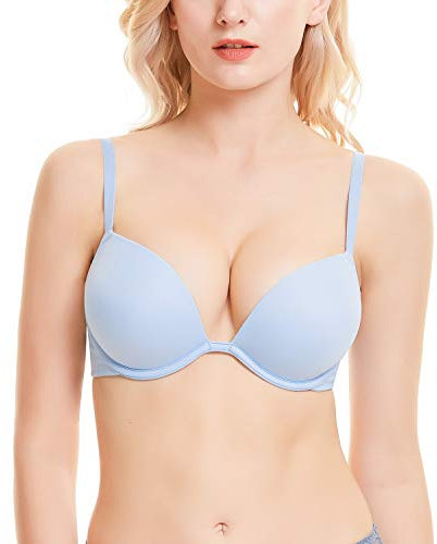 WingsLove Push Up Bra Sexy Deep V Plunge Add 2 Cups Bras Underwire T-Shirt Bra Multiway (Blue,36D)