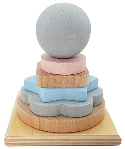 Hess Holzspielzeug 20024 - Stapel-Turm aus Holz mit Scheiben in verschiedenen Formen und Farben, Nature Serie, für Kleinkinder ab 24 Monaten