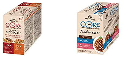Wellness CORE Signature Selects, Katzenfutter nass in Sauce, getreidefrei, hoher Fleischanteil, Chunky Selection Mix, 8 x 79 g & Tender Cuts, Katzenfutter nass in Sauce, getreidefrei, 6 x 85 g