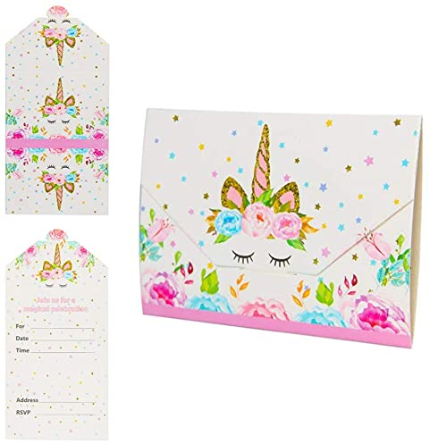 ZHIHUI Lot de 16 invitations de fête licorne magique à paillettes avec enveloppes roses et dorées, prêtes à écrire