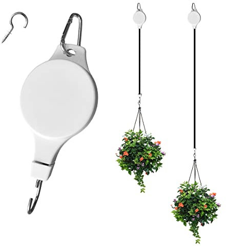 1 Pack Retractable Plant Pulley Adjustable Hanging Flower Basket Hooks for Hanging Plants Heavy Duty, Indoor Outdoor Plant Hanger for Garden Baskets Pots & Birds Feeder - White(1, Hook Type)