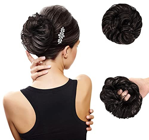 Haarteil Mit Gummiband, Groß Dutt Haarteil Gelockt Haargummi Haaren Hochsteckfrisuren Haarverlängerung Messy Bun Haarteile, Brautfrisuren Voluminös Gelockt Unordentlich Dutt, 29g (Braun Schwarz)