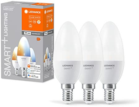 LEDVANCE Smarte LED-Lampe mit WiFi Technologie, Sockel E14, Dimmbar, Lichtfarbe änderbar (2700-6500K), ersetzt Glühlampen mit 40 W, SMART+ WiFi Candle Tunable White, 3er-Pack