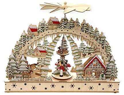 ELLUG 3D Schwibbogen Lichterbogen Holzschnitt Winterdorf aus Holz zum Stellen mit Licht und Drehelementen 49,5 * 8 * 33cm batteriebetrieben mit On-Off Schalter, Timer Funktion (6h On/18h Off)