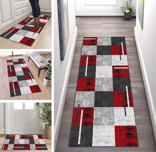 ZUZEKU Küchenläufer Waschbar rutschfest Rot Grau 50x250cm Flurläufer Korridor Teppichläufer Küchenteppich Schlafzimmer Esszimmer Polyester Meterware Anpassbar