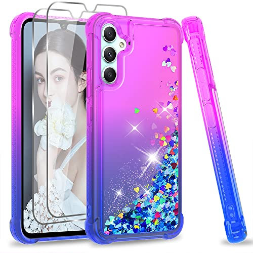 LeYi Hülle für Samsung Galaxy A34 5G Glitter Handyhülle und 2 Hartglas Folie,Glitzer Flüssige Cover Bling Wasser Air Cushion Stoßfest Schutzhülle Case Handy Hüllen Mädchen Lila Blau