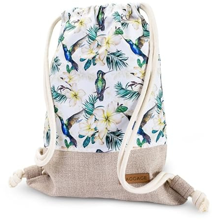 Turnbeutel Sportbeutel für Damen - Beuteltasche oder Rucksackhandtasche Beutel Rucksack 2 in 1 als Rucksacktasche oder Handtasche Stoffbeutel mit Kordelzug oder Taschenrucksack Beige mit Blumen