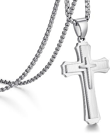 jiamiaoi Kreuz Kette Herren Kreuz Kette Silber Farben Kruzifix Halskette Edelstahl für Herren Damen Anhänger Kruzifix Schmuck 22'' Ketten
