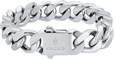 KRKC&CO 14mm Cuban Armband Herren, Weißgold beschichtet Panzerkette Cuban Link Armband, Kubanische Gliederarmband Cuban Chains, Herren Silber Armband Edelstahl, Hip Hop Armband für Jungen 22,9cm