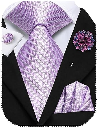 Hi-Tie Silk Men's Tie and Pocket Square Cufflinks Lapel Pin Set Jacquard Wedding Business Necktie for Formal,Lilac Lavender Purple