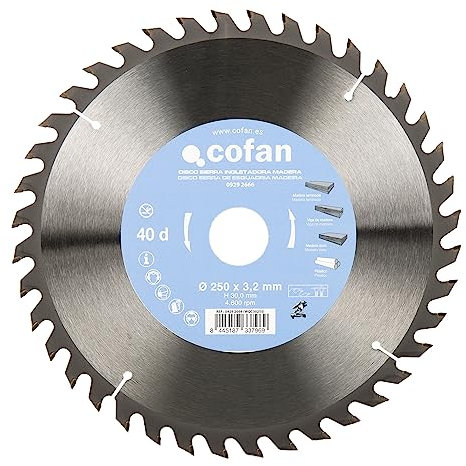 Cofan Hoja de sierra ingletadora | Disco de corte para madera | 40 dientes | Adecuado para maderas laminadas, maderas duras y plásticos | Medidas: 250 x 30 mm | Grosor del disco: 3,2 mm