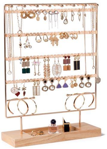 Lolalet Porte Bijoux Présentoir Bijoux Métal, Présentoir Boucles d’Oreille Colliers Bracelets,Support Bijoux avec Plateau en Bois -Or