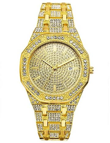 JewelryWe Uhren Herren Damen Strass Iced-Out - Gold Bling Diamant Analog Quarz Armbanduhr mit Metall-Armband und Achteckigem Gehäuse Luxus Glitzer Strass Kristall Uhr für Männer Frauen