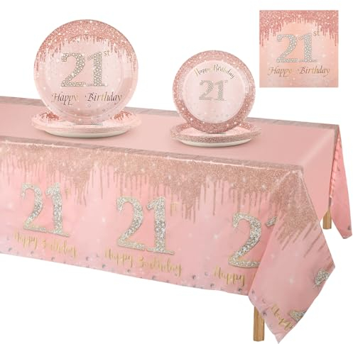 Fowecelt Rose Gold Plates Napkins - 53pcs 21st Birthday Party Decoration Paper Tableware Set Disposable Party Plates Napkins Tablecloth for Her Girl Women Dinnerware