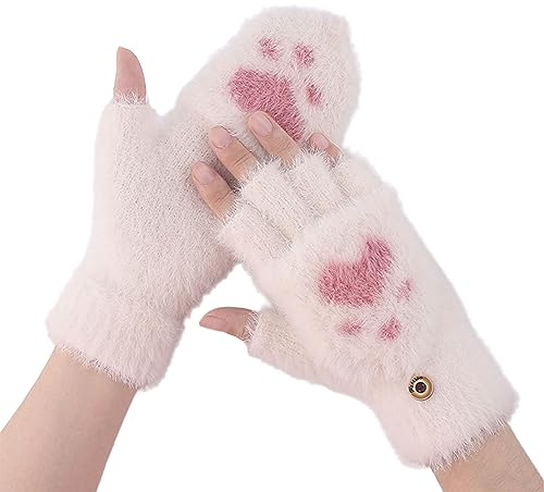 Fingerlose Plüsch Halbhandschuhe Damen Mädchen Kinder - Warme Winterhandschuhe Mit Katzenpfote - Umdrehen Halbfinger Fäustlinge Wärmer