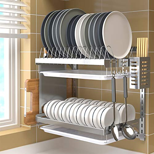 HJJP Stainless Steel Dish Rack with Drain Pan - 2/3 Layers | Kitchen Wall-mounted Drain Rack for Efficient Drying and Space-saving