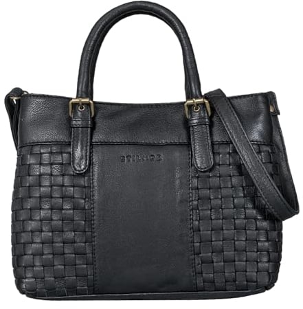 STILORD 'Daniela' Modische Handtasche Leder Damen mit Flecht-Optik Henkeltasche Vintage Umhängetasche für Freizeit Shopping Ledertasche Frauen Echtleder, Farbe:schwarz