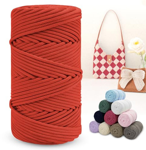 LEREATI Polyester Garn 150m Makramee Garn 4mm Geflochten Polyester-Seil Farbig Häkelgarn, Polyester Macrame Cord 4mm für Häkeltasche Umhängetasche Handtasche Geschenk Strickwaren (Helles Rostrot)