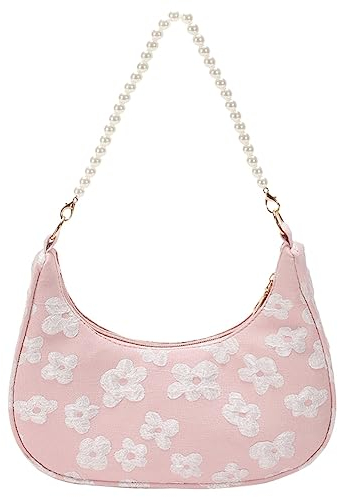 LYEAA Frauen Schulter Tasche Blume Druck Kette Damen Handtaschen Mode Casual Clutch Geldbörse Designer Handtaschen, Rosa Perle, 360.00x280.00x110.00mm/14.17x11.02x4.33inch