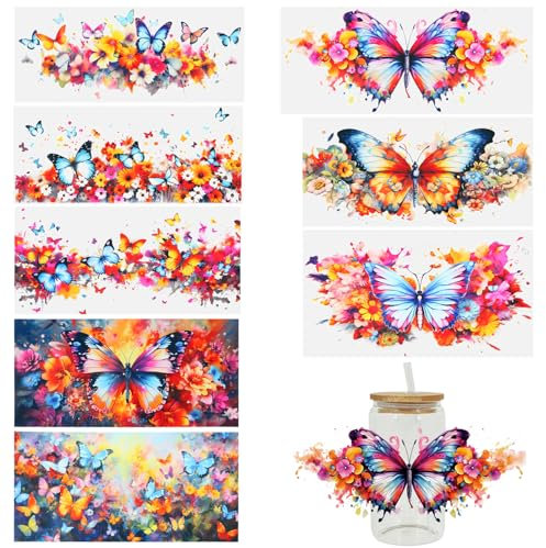 8 Sheets Butterfly Theme UV DTF Cup Wrap Transfer for Glass Rub on Transfers for Crafts Waterproof Transfer Stickers for 16oz Libbey Glass Cups