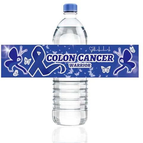 WANDIC 50PCS Blue Ribbon Water Bottle Labels, 7.87 * 1.96’’ Ribbon Pattern Bottle Wrap Sticker for Colon Cancer Prostate Cancer Rectal Cancer Awareness (Style B)