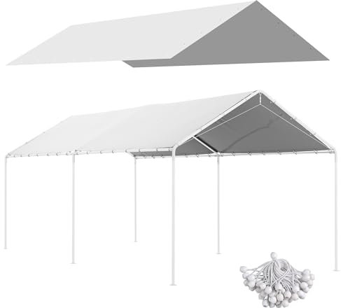 Outsunny Toile de Remplacement pour carport 3 x 6 m auvent de Voiture de Rechange bâche de Rechange pour abri de Voiture avec 48 élastiques à Boules Blanc (Housse Uniquement, Cadre Non Inclus)