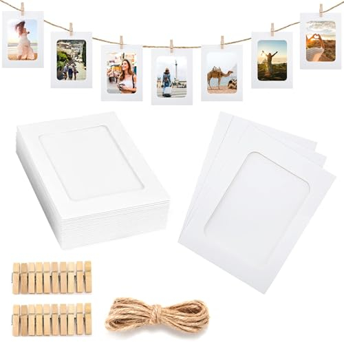 Gyxcelc Cadre Photo en Papier 11.5 * 15.5CM DIY Cadre Photo Carton 20 Pièces Blanc Cadre en Carton pour Photo avec 20 Clips et Cordes, pour Décoration Murale
