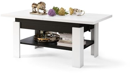 All4All Couchtisch Rino - Kaffeetisch - Wohnzimmertisch mit Ablage - Sofatisch - ausziehbar bis 170cm - höhenverstellbar - 130x65cm - 05 - Weiß + Schwarz