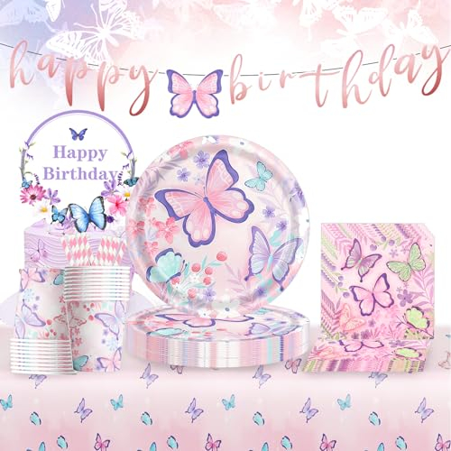 Papillon Décorations pour Fille - Kit Anniversaire, Vaisselle Jetable pour Fêtes, Mariages, Remise des Diplômes, Baby Shower (20 Invités)