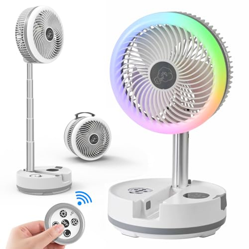 xumemall Foldable Oscillating Camping Fan with Remote, 10 USB C Rechargeable 40000mah Battery with LED Colorful Lights, Portable Floor Fan for Bedroom Office Camping