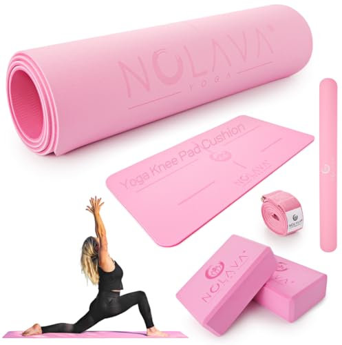 NOLAVA Yogamatten-Set, 6-teilig, rutschfest, mit passendem Kniepolster, Blöcken, Gurt und Slap Band, komplettes Yoga-Set für Heimtraining & Anfänger