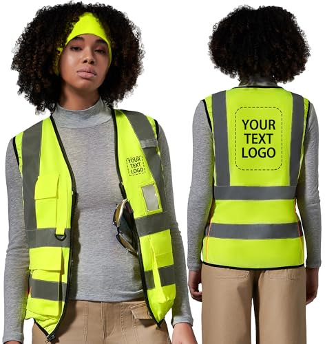 AYKRM Damen Warnweste Gelb M, Personalisierbar mit Text oder Logo, Mehrere Taschen, Reflektorweste Fahrrad, Arbeitsschutz Sicherheitsweste Bedruckbar