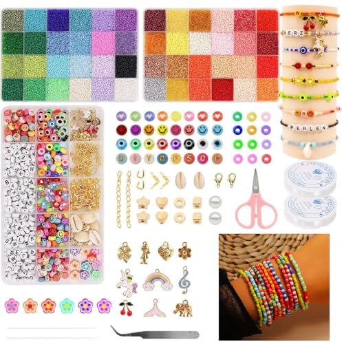 Eliano 42.000 Glasperlen Set – 2mm Perlen, Buchstabenperlen, Smiley- & Herzperlen + Zubehör – DIY Schmuck-Bastelset für Armbänder & Halsketten, Perfekt für Kinder & Erwachsene
