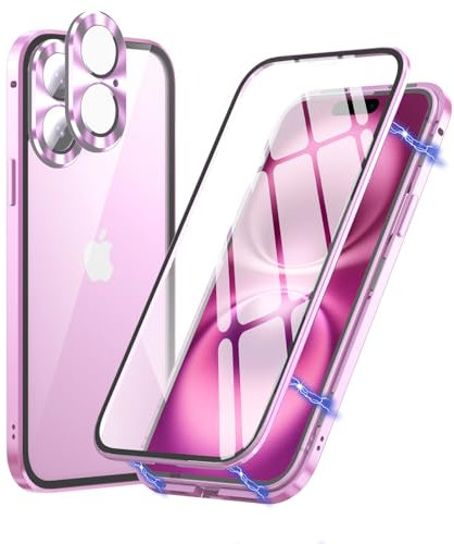MIMGOAL Hülle für iPhone 16 Hülle,Magnetische Adsorption Metallrahmen 360 Grad Full Body Handyhülle Vorne hinten Gehärtetes Glas Schutzhülle Einteiliges Ultra Dünn Flip Transparente Cover, Rosé