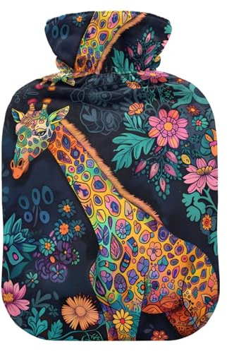 Hot Water Bottle, 2L Large Hot Water Bag with Soft Plush Cover Giraffe Flowers, Leak Proof Screw Plug Best for Winter Sports Outdoors Back Neck and Leg Cold Muscle Pain and Cramps