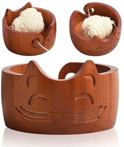 Holzsammlung Bol de Fil en Bois, Bol à Laine pour Crochet Tricot, Support de Fil pour Tricoter, Support Porte Pelote de Laine, Accessoires de Tricot, Cadeau pour Tricoter, 17 x 10 cm, Couleur Rétro