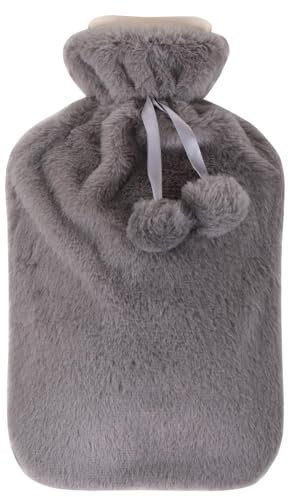 Vencier Large 2L Hot Water Bottle with Plush Cover & Bobble - Durable, Washable Heating Pad for Body Pain Relief & Cosy Nights - Perfect for Aches, Pains, and Thoughtful Gifts (Grey Plush)