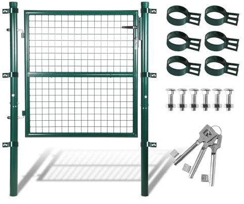 ISOISL Puerta de jardín, 100 x 100 cm, color verde, de acero galvanizado, incluye cerradura y 3 llaves, resistente a la intemperie, robusta y duradera
