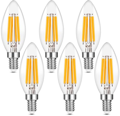 Hcnew E14 Kerze LED Lampe für Kronleuchter, 6W(Max.6.5W) 806 Lumen ersetzt 60 Watt,2700K Warmweiß Vintage LED Filament Glühlampen,klares Glas,6 Stück