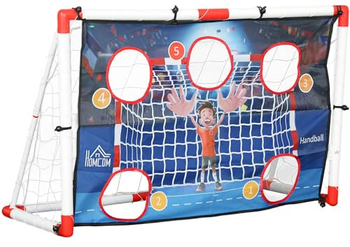 HOMCOM But de Foot et Cage de Handball extérieur 2 en 1, But 5 Zones cibles, Ballon de Handball Gonflable, Pompe, piquets de Sol en Forme de U, Cadre léger