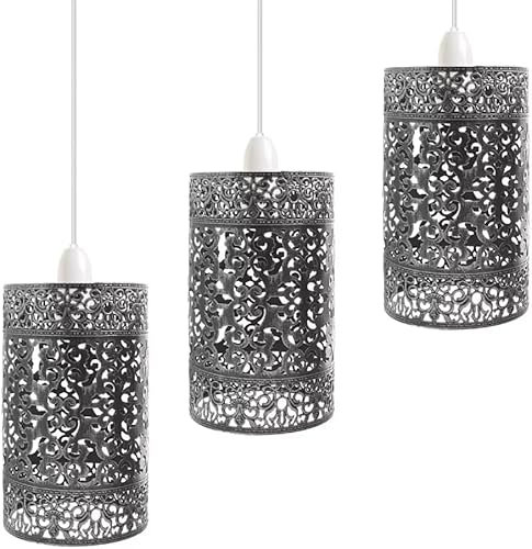 Industrial Vintage Style Easy Fit Metal Cage Drum Lampshade Ceiling Pendant Lamp with Free Reducer Plate for Living Rooms Bedroom Kitchen Dining Room and Cafe (3 Pack Brushed Silver B6)