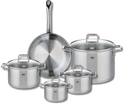 ELO 9698250 Kochgeschirr-Set, 5-teilig, 1 Bratpfanne 28 cm und 4 Kochtöpfe 14, 16, 20 und 26 cm Elo Profi, Citrin, Edelstahl, Induktion