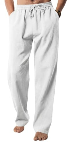 EndoraDore Pantalon de yoga décontracté en lin et coton pour homme, coupe décontractée, couleurs unies, taille élastique avec cordon de serrage
