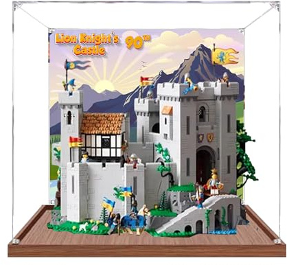 Acryl-Vitrine für Lego 10305 Löwenritterschloss-Modell, 3 mm staubdichte Schaukasten, Vitrine kompatibel mit Lego 10305 (Modell nicht im Lieferumfang enthalten) (Hintergrund B Holzsockel)